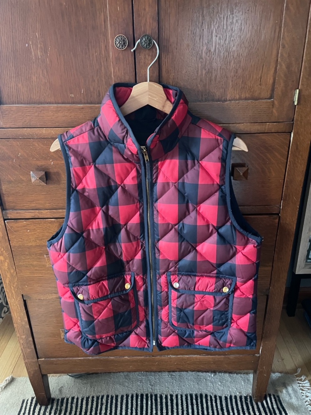 J. Crew Red and Black Quilted Buffalo Check Puffer Vest